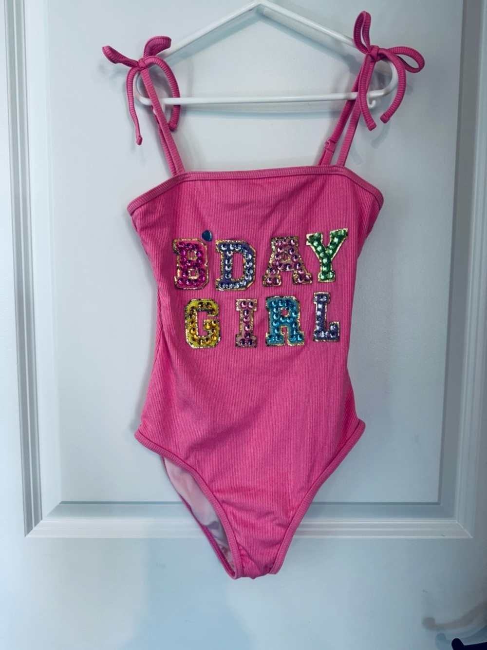 Lola + The Boys Pink 'B'Day Girl' Sequin One-Piece Swimsuit